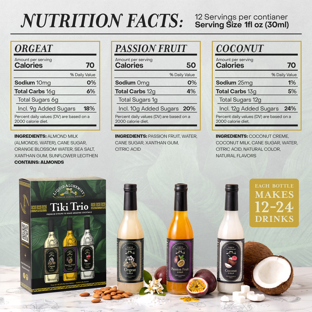Nutrition facts for Orgeat, Passion Fruit and Coconut cocktail syrups