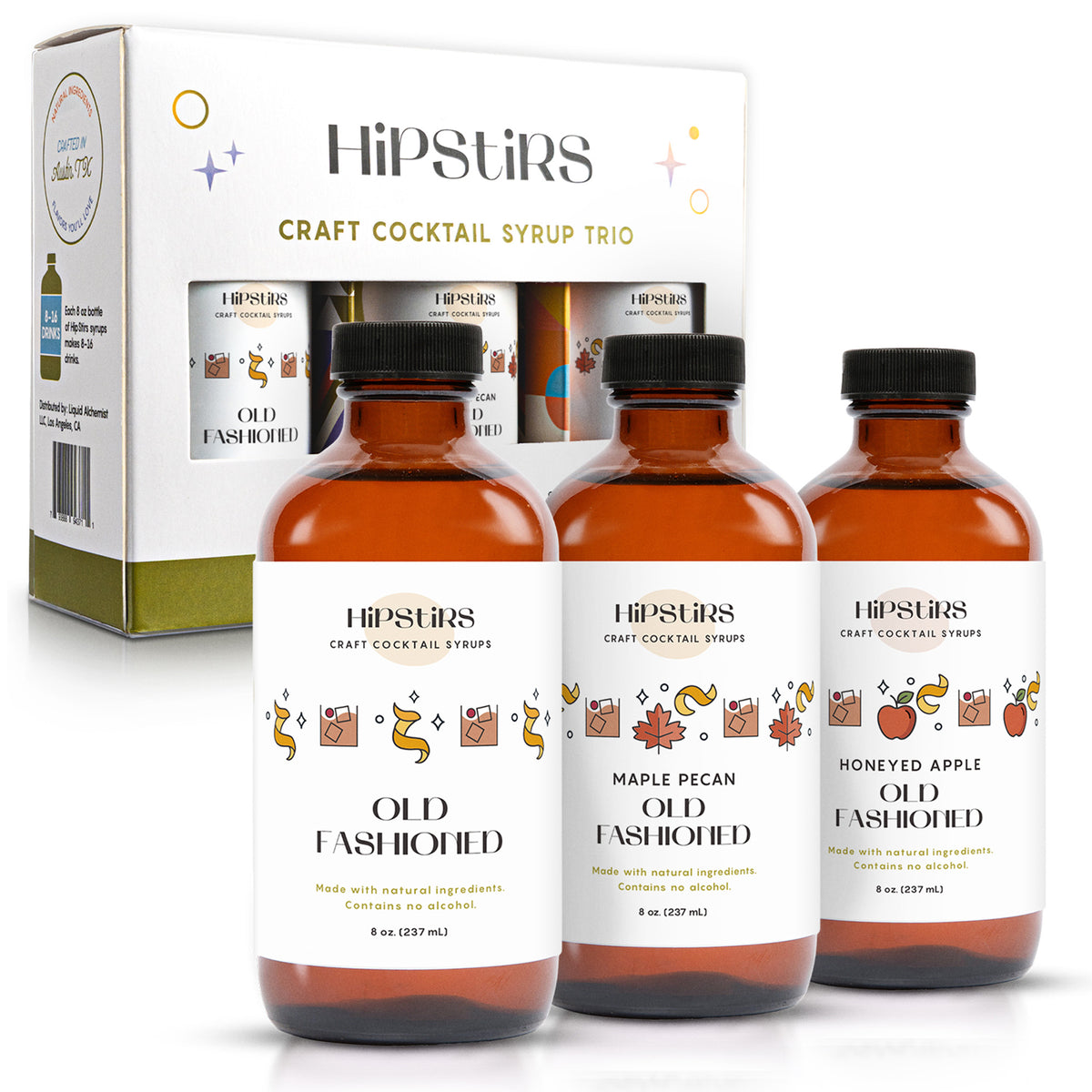 HipStirs Old Fashioned Trio gift box with Classic, Maple Pecan and Honeyed Apple Old Fashioned syrup bottles
