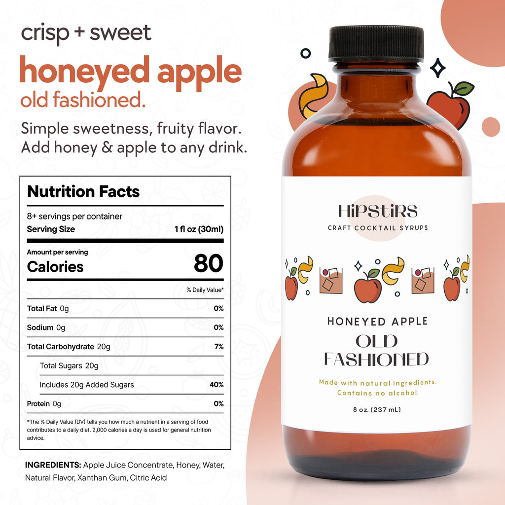 HipStirs Honeyed Apple Old Fashioned syrup with nutrition facts