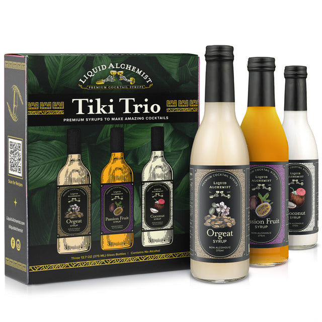 Liquid Alchemist Tiki Trio gift box with Orgeat, Passion Fruit and Coconut cocktail syrup bottles