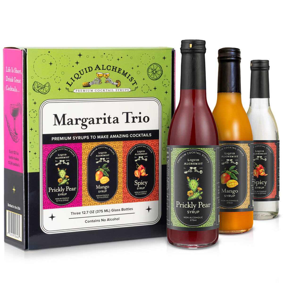Liquid Alchemist Margarita Trio gift box with Prickly Pear, Mango and Spicy cocktail syrup bottles