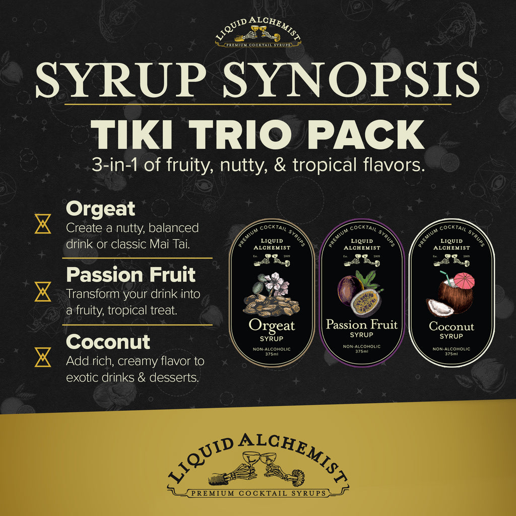 Tiki Trio syrup synopsis: Orgeat, Passion Fruit and Coconut