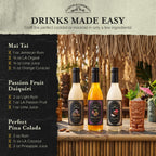 Tiki recipes: Mai Tai, Passion Fruit Daiquiri and Perfect Piña Colada with the trio bottles
