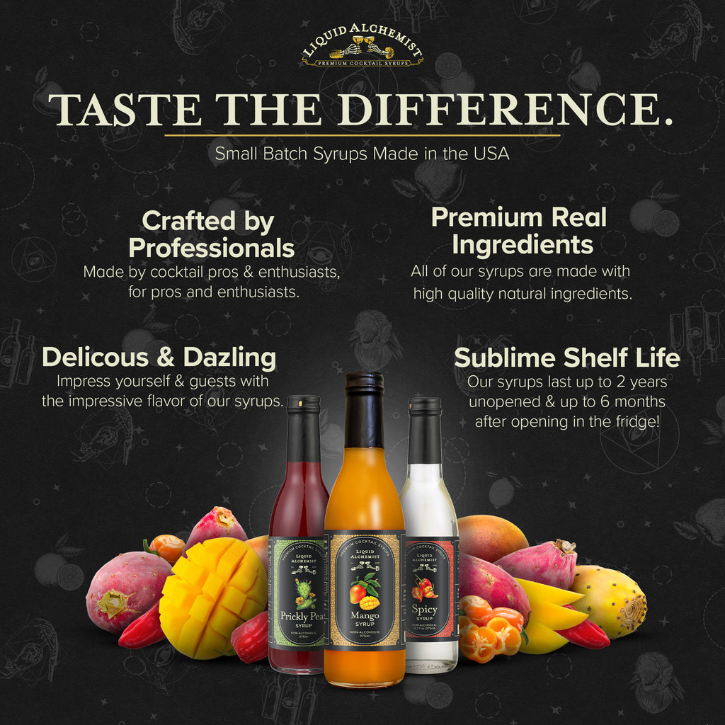 Liquid Alchemist Margarita Trio bottles with fresh mango and prickly pear