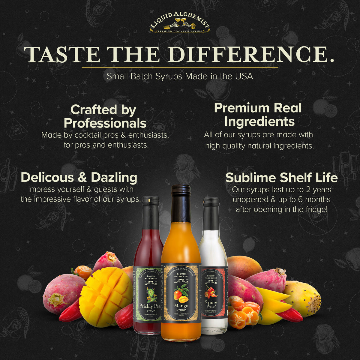 Liquid Alchemist Margarita Trio bottles with fresh mango and prickly pear